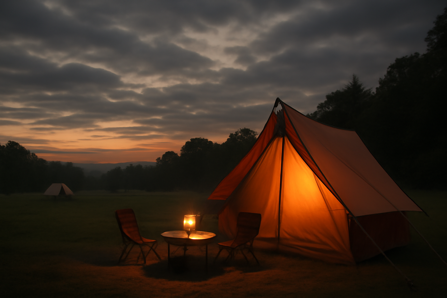 キャンプ 代替案を用意しておくと安心です：夕暮れのキャンプ場で穏やかな曇り空、広角で撮影した風景。