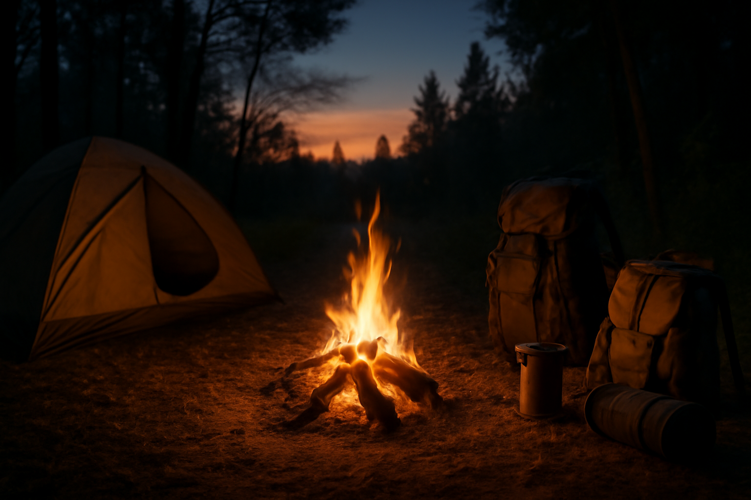 ソロキャンプ 夕暮れに手を休めるための小さな火と安全な消火用具が置かれた風景。