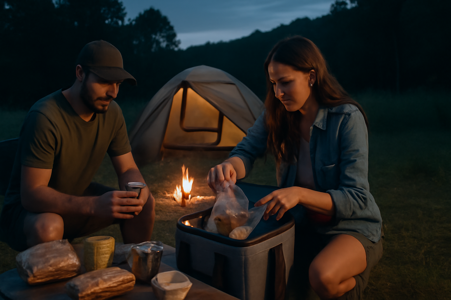 キャンプ飯 夏の夕方で手軽な保存食に切り替えるイメージ。撤退や代替行動を示す情景（FKP）