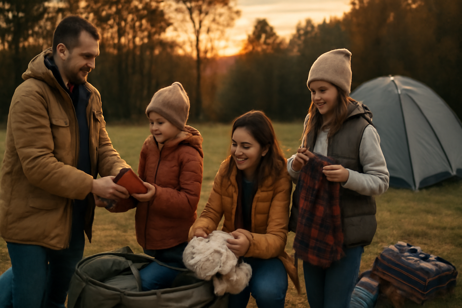 キャンプ飯：秋の夕暮れに向けて温かい服を詰める家族の準備風景、安心して出かけられることを表現