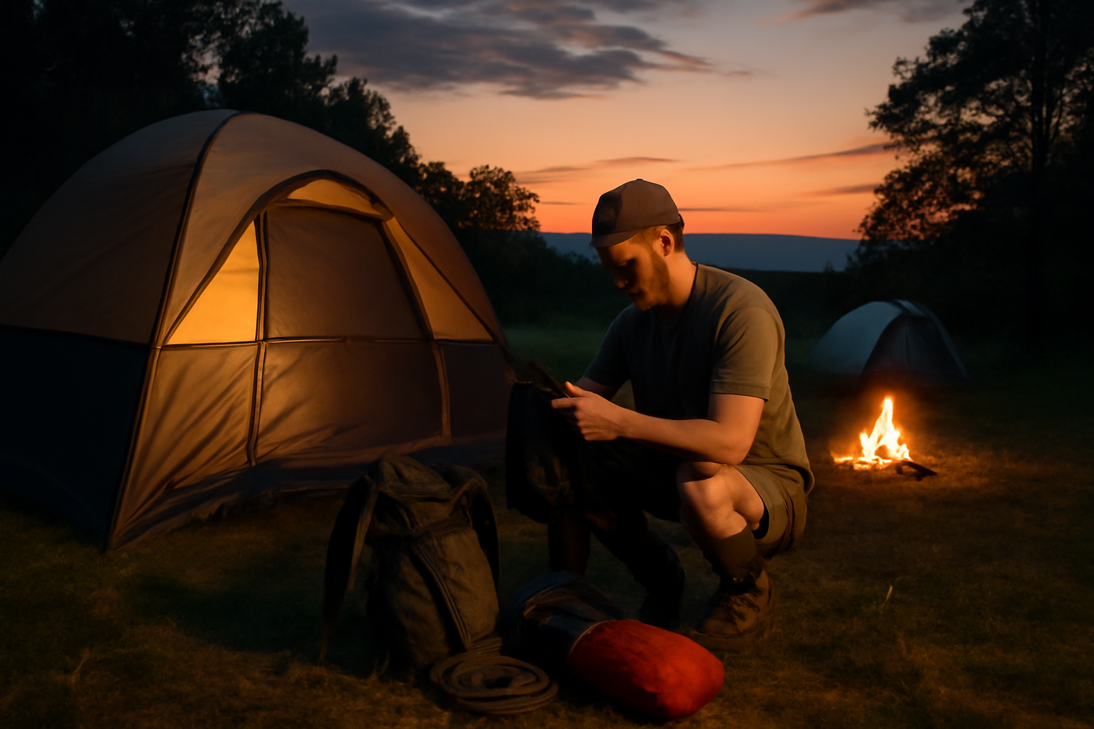 墜落舞台:次の週末に備えて装備を点検するキャンパーの夕暮れの風景、安全第一で準備する様子を示す画像