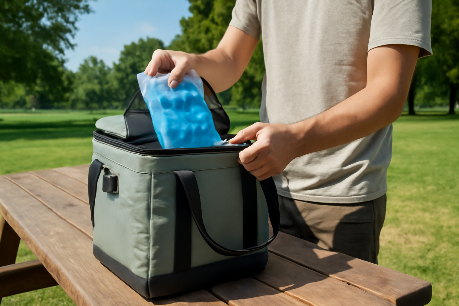 ソフトクーラー トランクカーゴの26Lソフトクーラーを手に取り試す様子を表現した画像。夏の午後、キャンプテーブル横で保冷材を入れる瞬間。