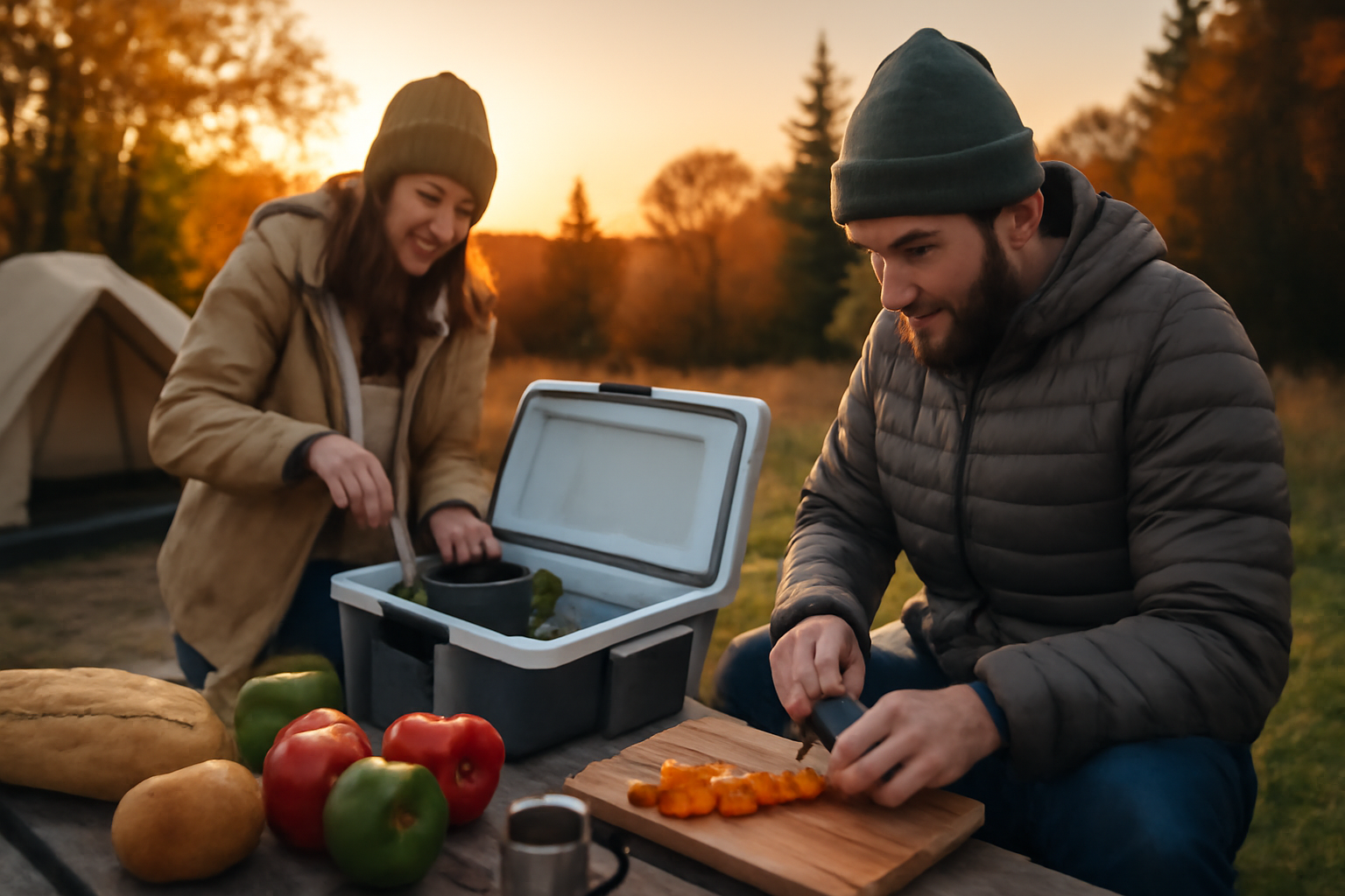 クーラー 秋の夕暮れ、キャンプ場で食材を整える様子。手早い準備と安心感を表現。
