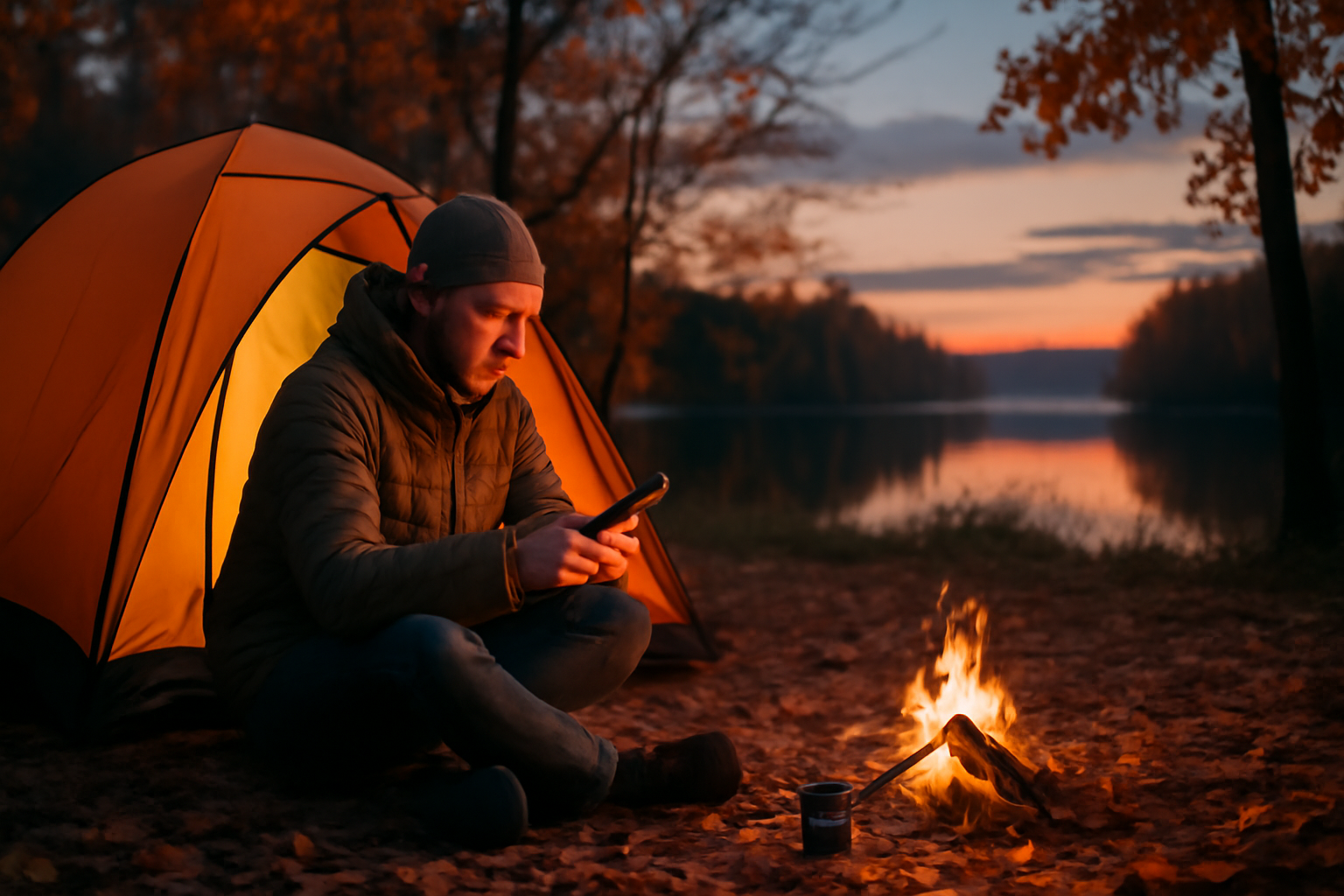 キャンプ 旅先でのトラブルに備え代替案を持つことの大切さ:夕暮れのキャンプ場で代替プランをスマホ確認する様子