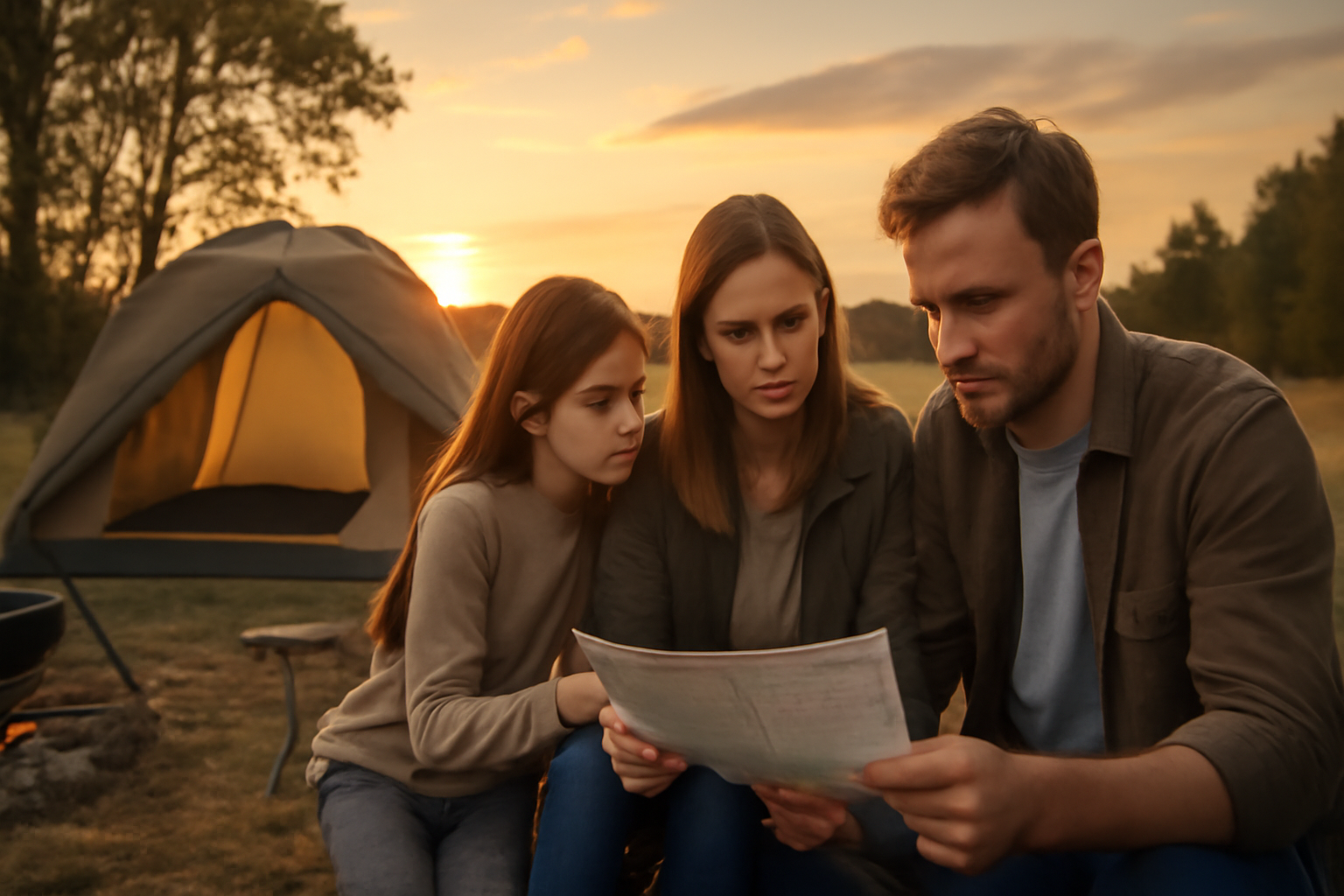 宿泊券: 家族が夕方に旅の代替プランを確認する様子。宿泊券が使えない場合の柔軟な対応を示すイメージ。