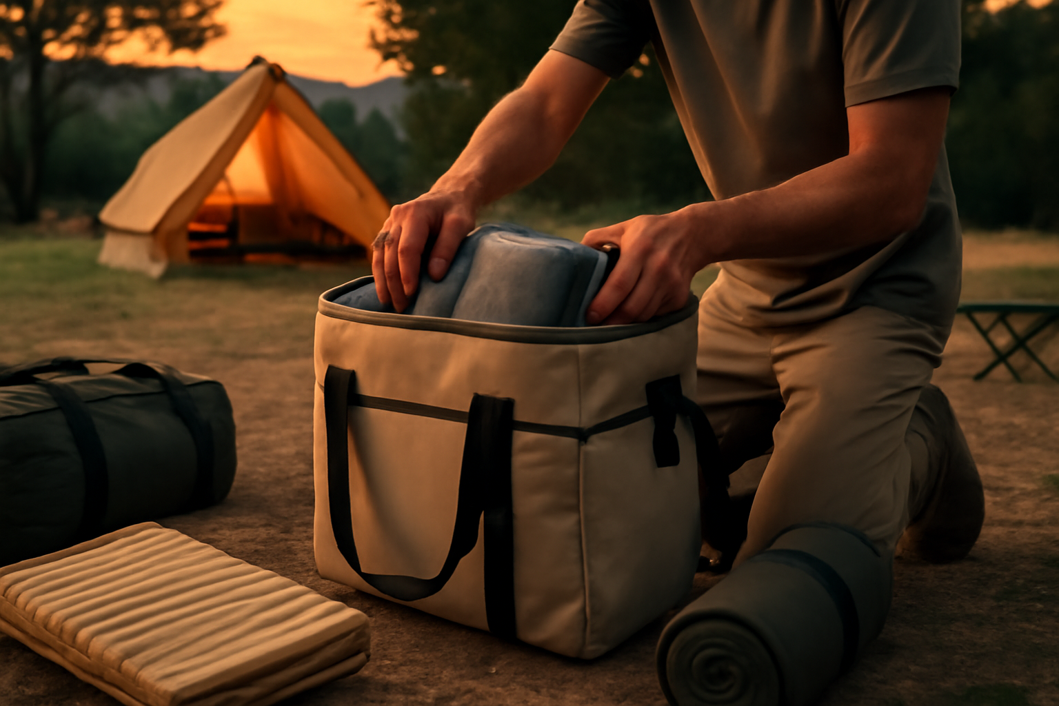 ソフトクーラー 26L を使って夕暮れのキャンプ場で荷物を整える様子。FKPを想起させる収納と保冷の工夫が見える写真。