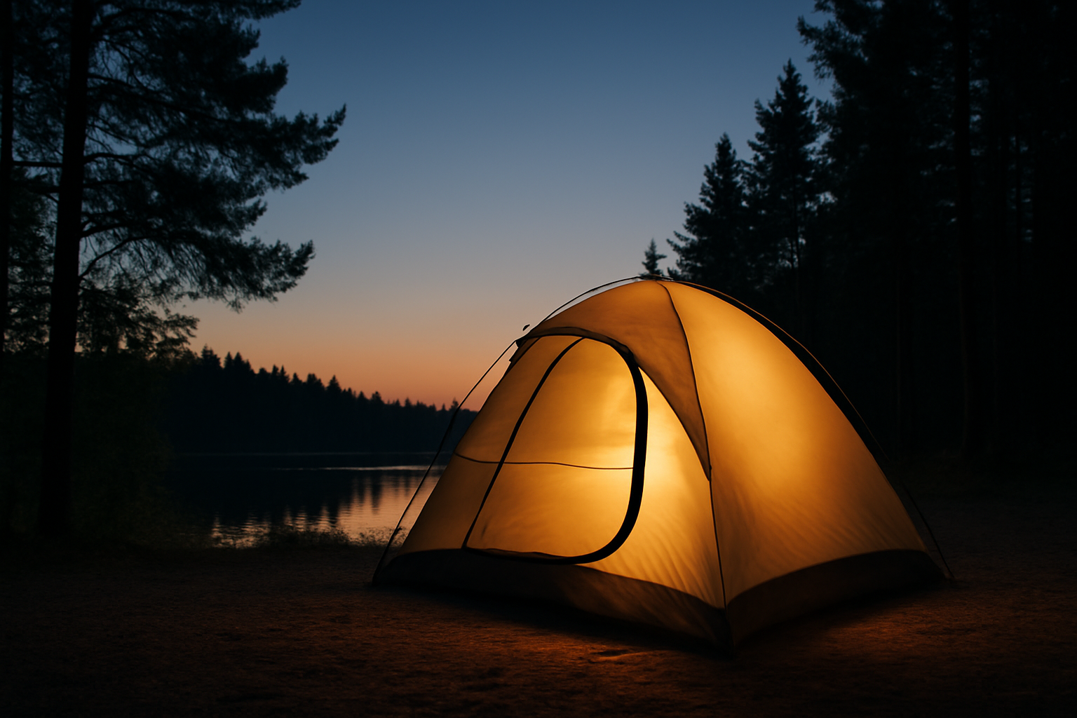 宿泊券:旅の代替案を検討する様子を夕方の森とテントで表現したビジュアル。落ち着いた薄暮で安心感を演出