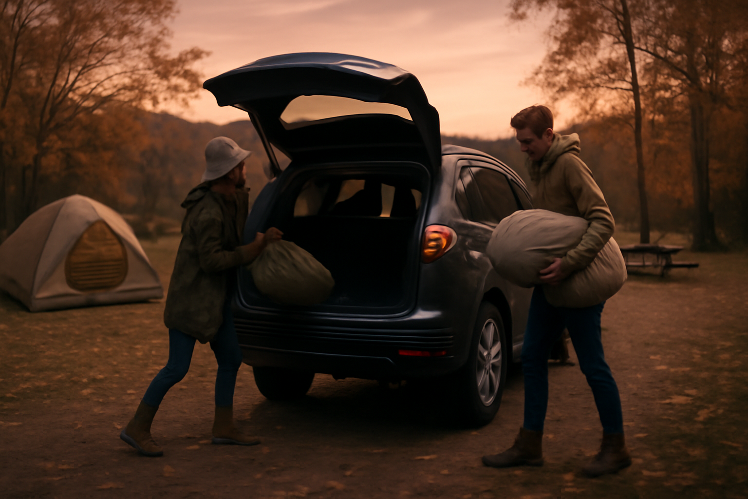 キャンプ 荒天時の代替案としてコテージや温泉への切替えを示す、夕暮れの駐車場で準備する情景。