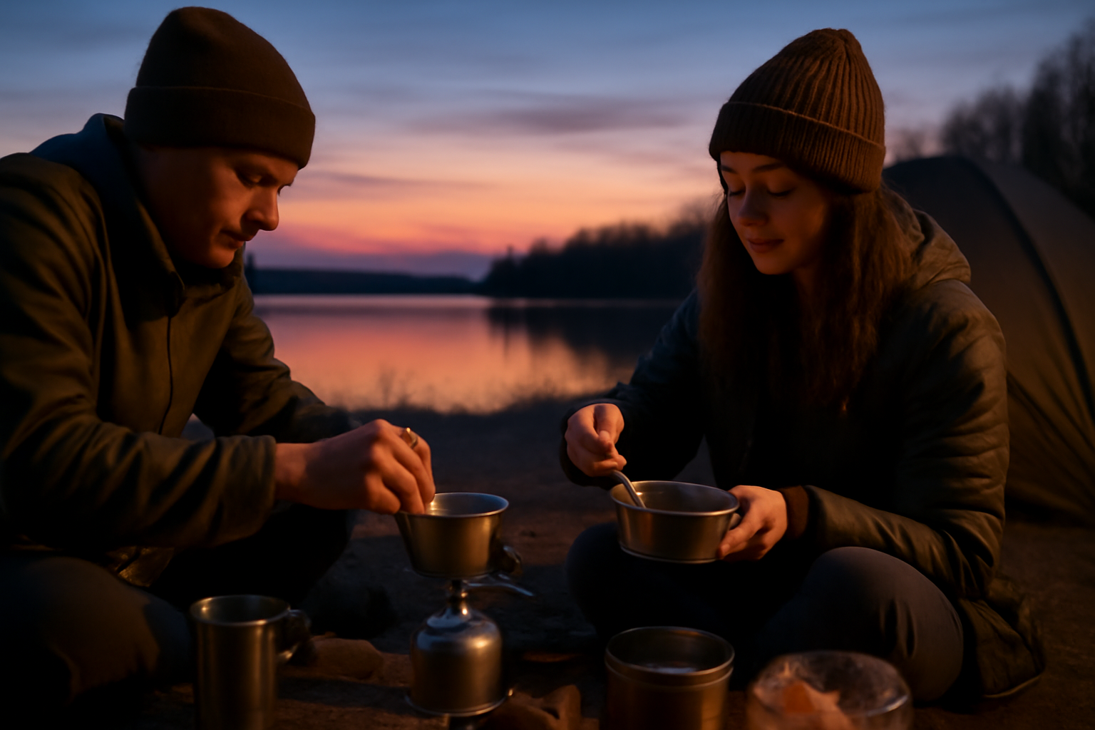 ミニシェラ:夕暮れに簡単な朝食準備をする様子。手元の小さなシェラカップが便利道具として活躍している場面を表現