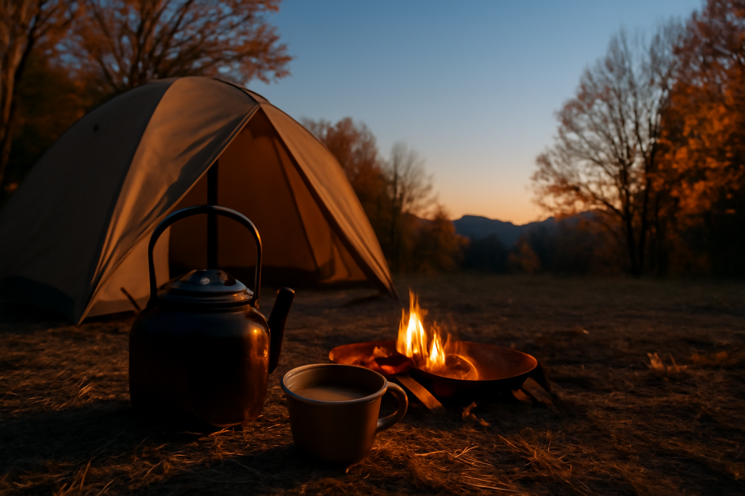 ミニシェラでほっとする夕暮れのキャンプ。小さなカップに暖かい飲み物が入った穏やかなシーンを表現。