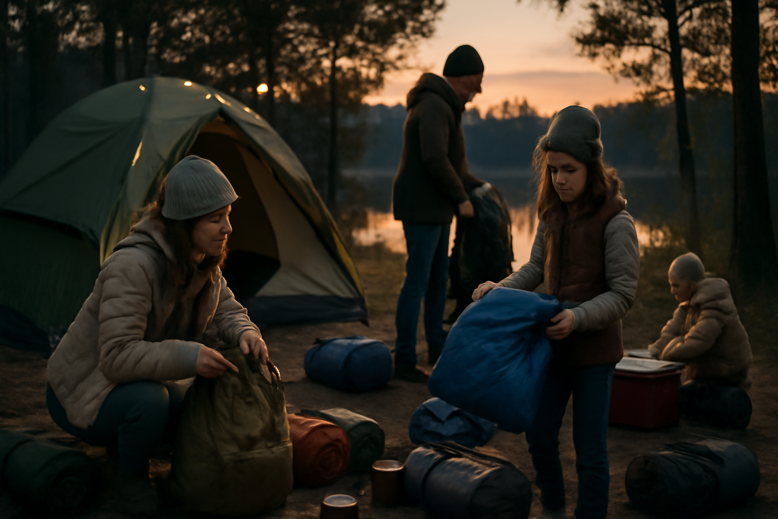 キャンプ用品 荷物を整理して次の週末に備える情景、夕暮れ時の安心感と準備風景を表現