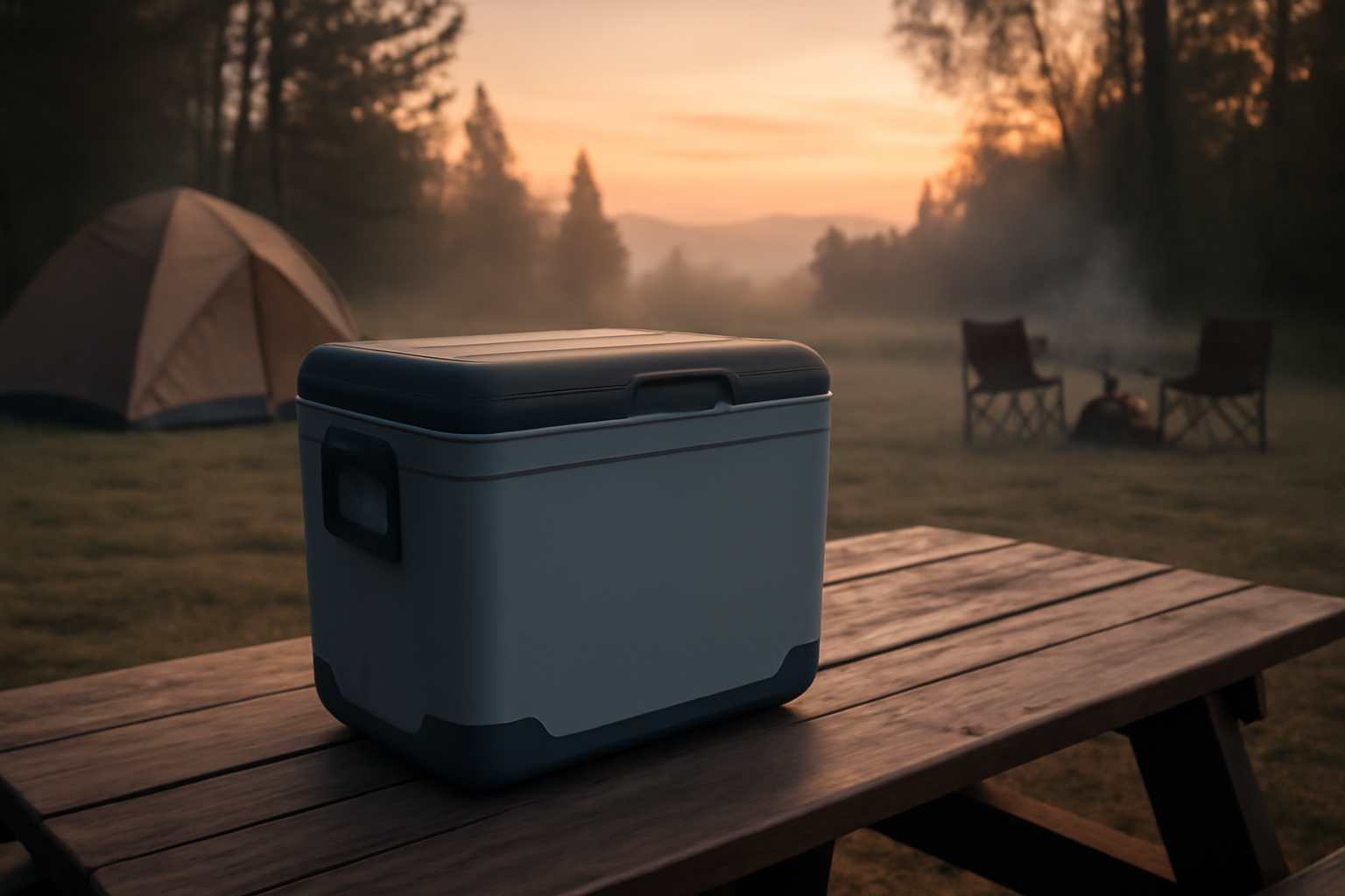 クーラーボックス：朝のキャンプでポータブル保冷温庫を使う様子を広角で捉えた写真