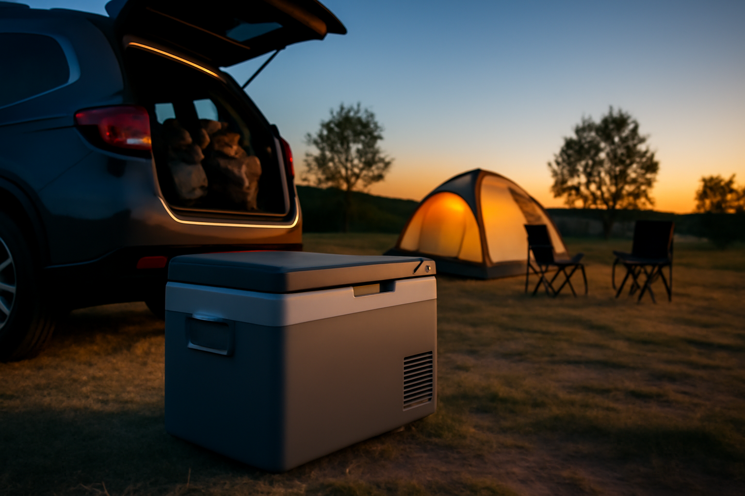 保冷庫:夕暮れのキャンプ場で保冷庫を車のそばに置き、荷物を整理して次の週末の準備をする情景。