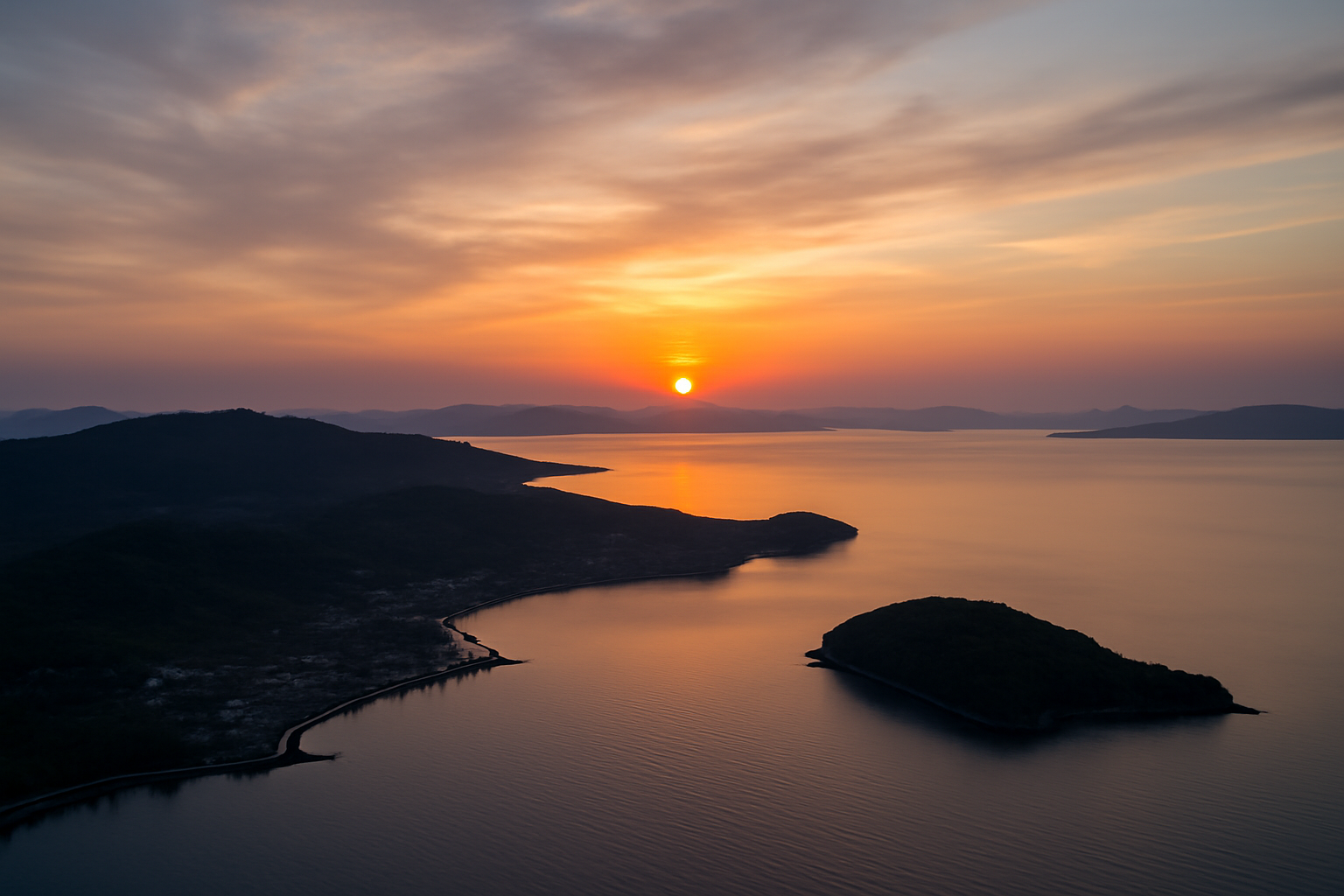 SKYPIX 小豆島の夕景をドローンで捉えた穏やかな曇り時のシーン、代替プランを示すイメージ