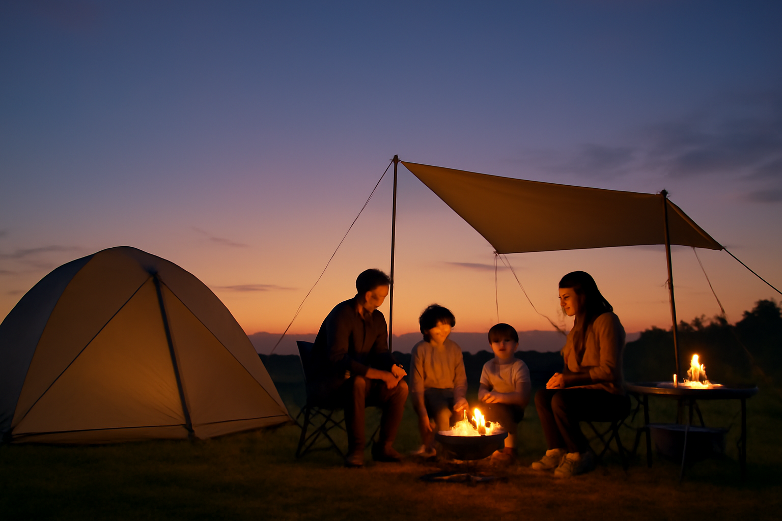 手ぶら 家族でテント泊の夜、簡単な装備で落ち着く夕暮れのキャンプ風景