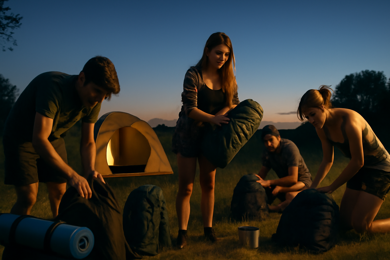 テント 晩夏の夕暮れ、撤収前に荷物をまとめる様子。安全な撤収と代替案のイメージ。