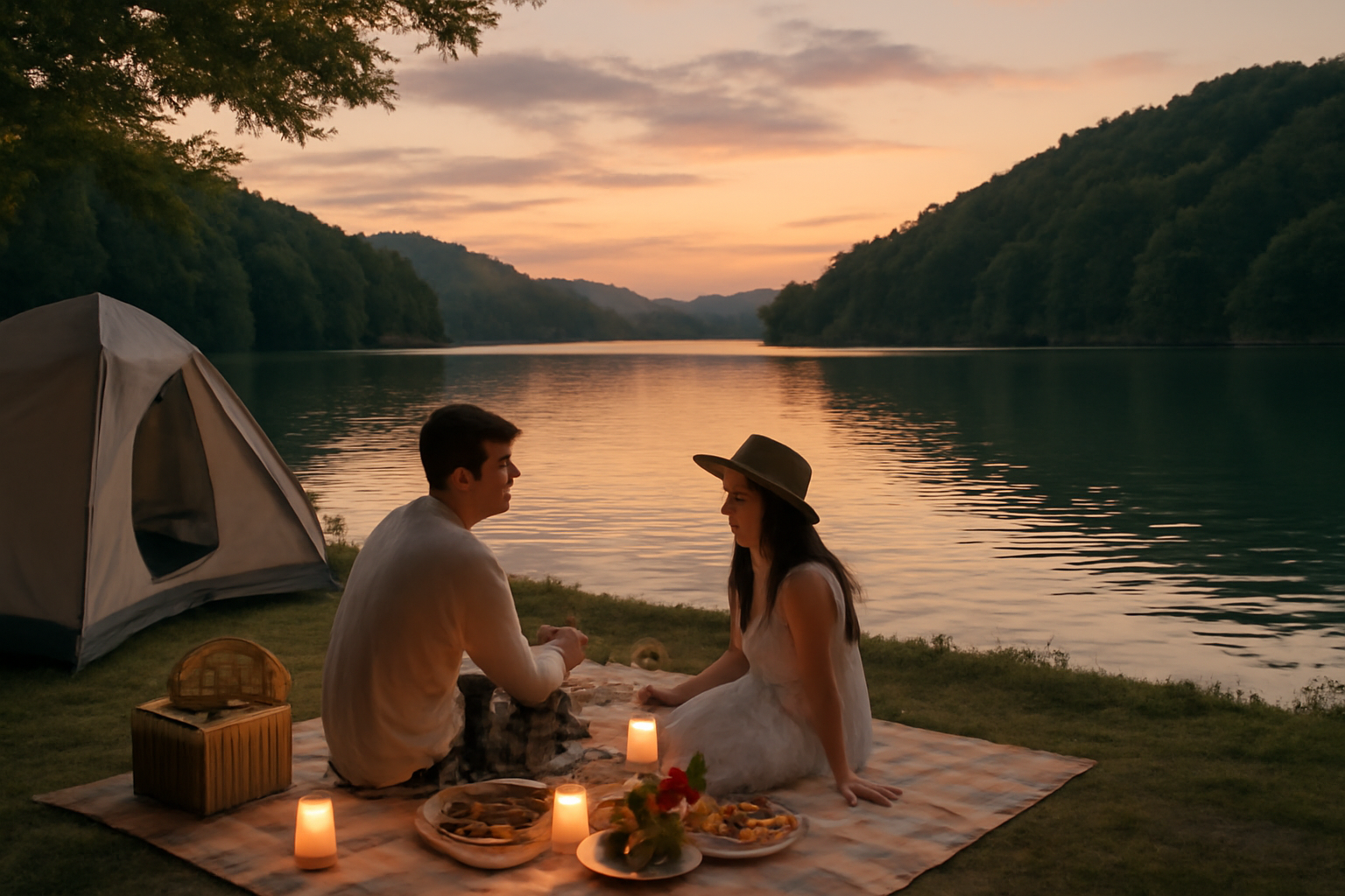 キャンプ 相模湖での夕方の湖畔ピクニック、穏やかな光の中で安全に過ごす様子を表現