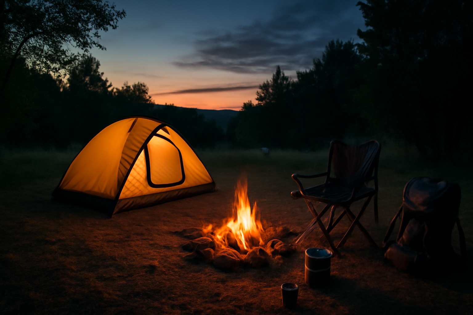 ノースフェ セールでの迷いを減らすための準備を示す、夕暮れの小さな快適キャンプ場の風景