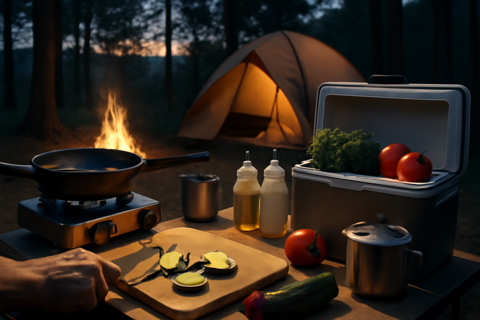 キャンプ飯：夜のキャンプで手早く安全に調理するための道具配置と保冷のイメージ。夕暮れの林間で調理する様子を描写。