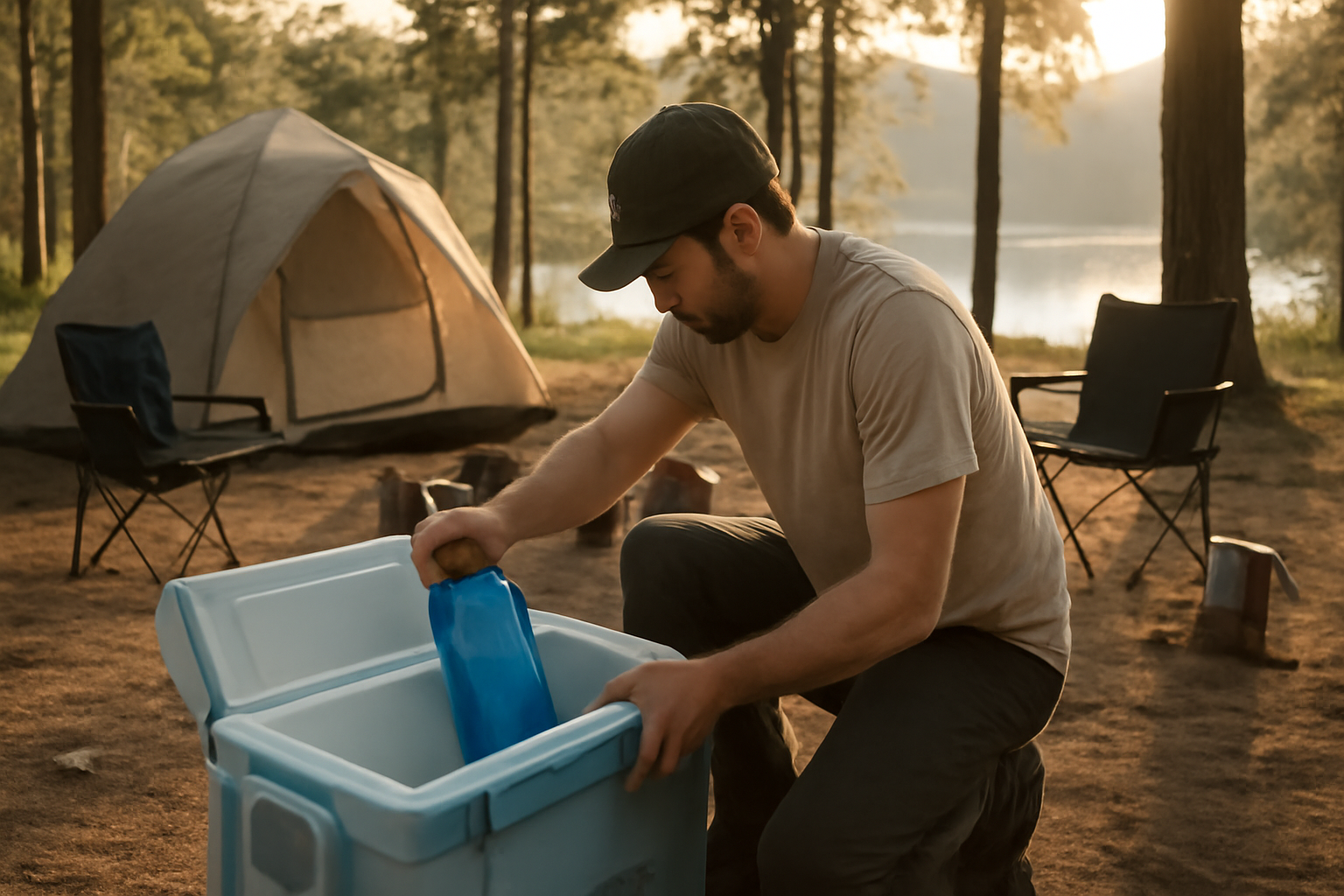 ナルゲン：キャンプ場で冷蔵ボックスにナルゲンをしまい、次の朝の水出しを楽しむ準備をする風景