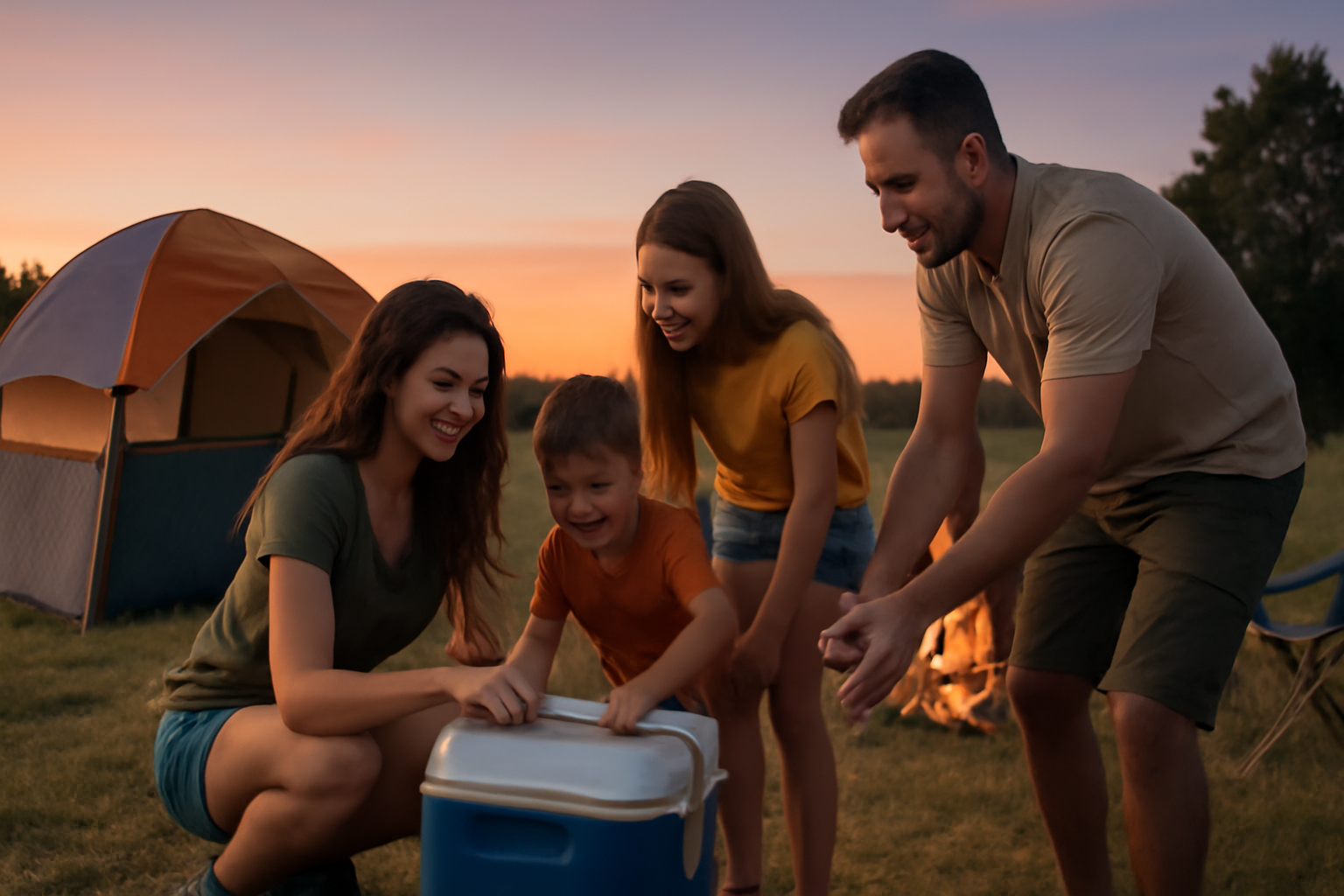 キャンプ 家族が夕暮れのサイトで小型クーラーを積み込む様子。天気は晴れ、夕焼けが美しい広めのサイト。