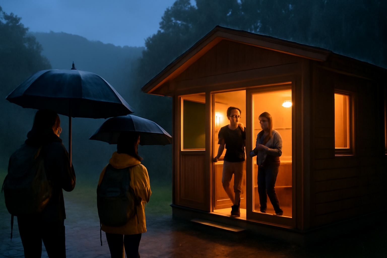 宇佐神宮:雨天時は無理せず屋内やコテージに切替え、参拝や周辺観光を安全に楽しむ様子をイメージした写真。