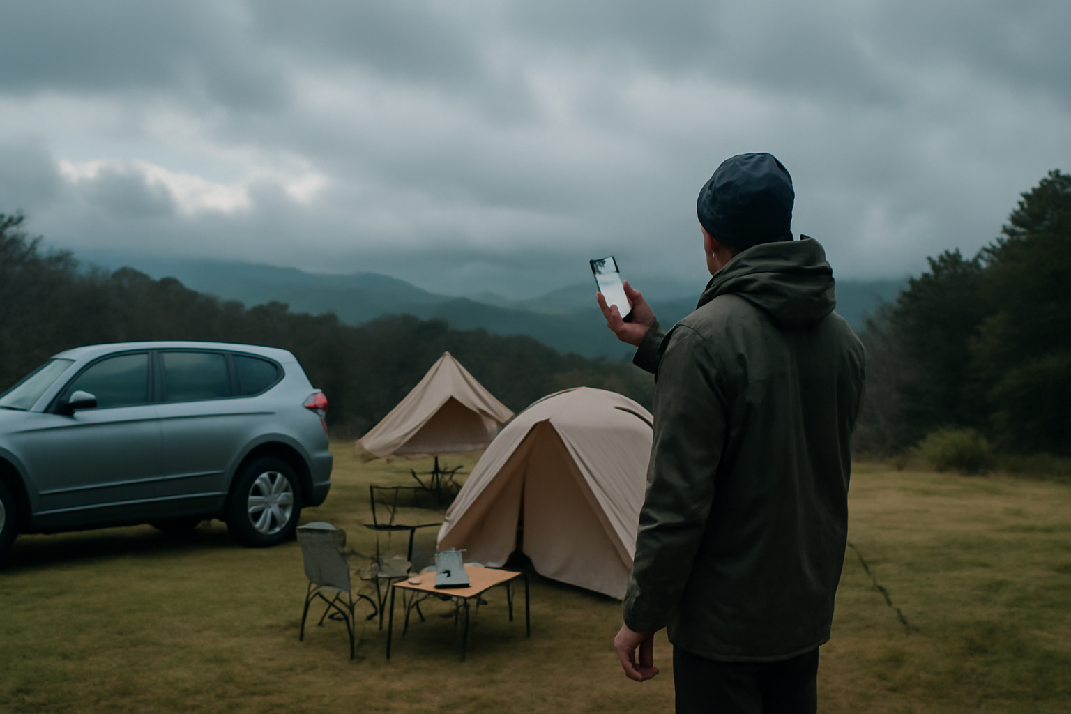 キャンプ初心者 出発前に天気と道路を確認する様子、えびの高原の朝の曇天と車、準備風景を示す画像