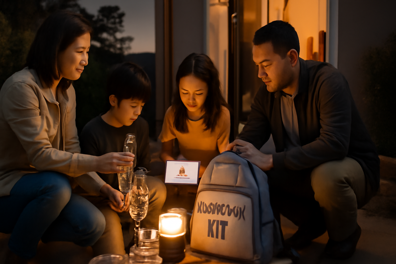 ママ防災士：家族で短時間にできる非常持ち出しチェックのイメージ。夕暮れに玄関で荷物を整える様子。