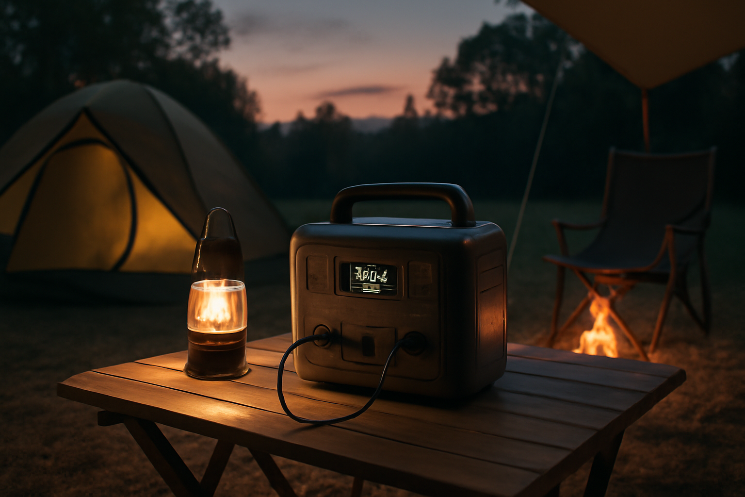 ポタ電 肩掛けポタ電を出発前に満充電で確認し、安心して出かける様子を写した夕暮れのキャンプ場の写真。