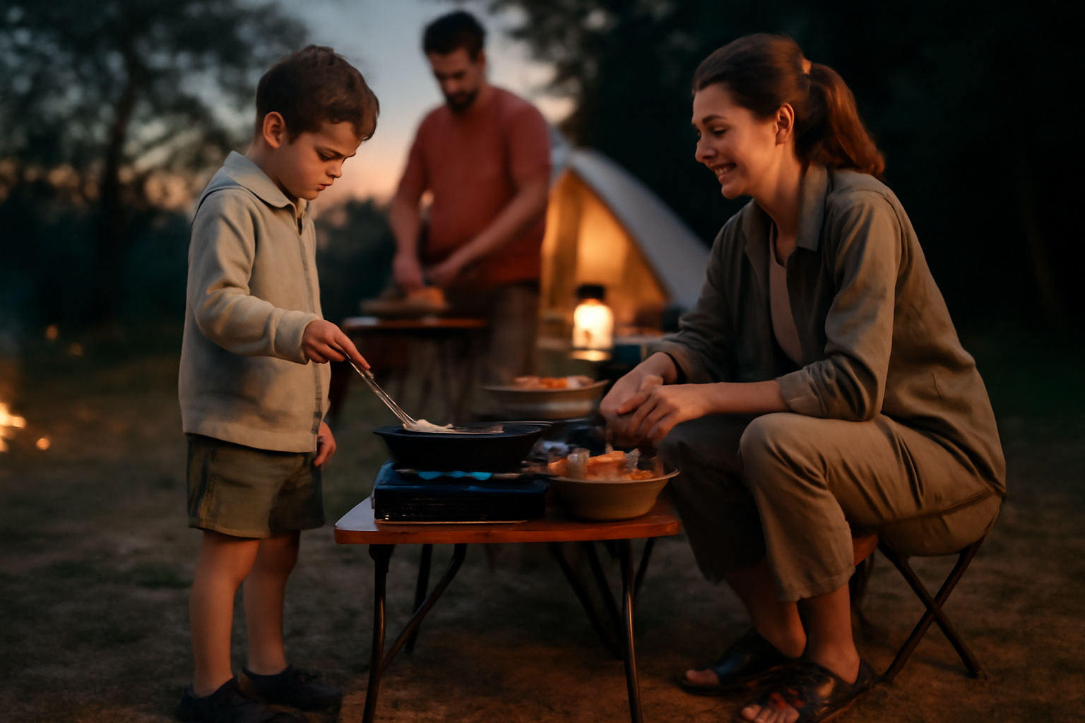 リファインド キャンプでの足元イメージ。軽量サンダルで調理を手伝うシーンを夕暮れのキャンプ場で撮影