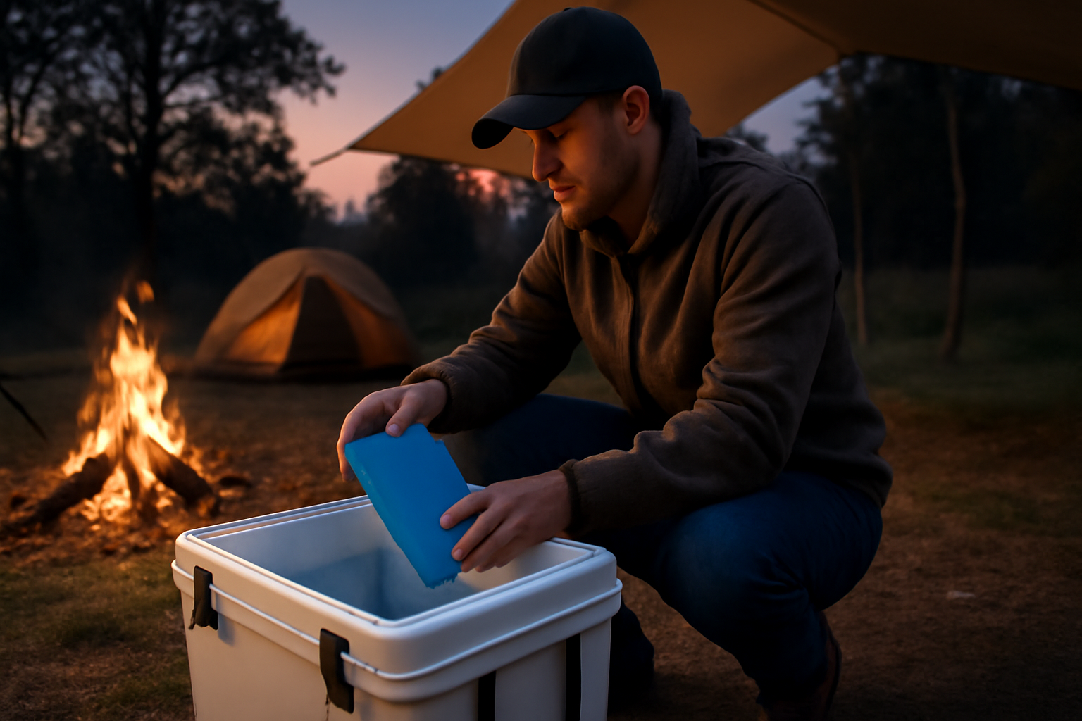 クーラー 夕暮れのキャンプサイトで保冷材を整え、片付けを穏やかに進める様子を示す写真