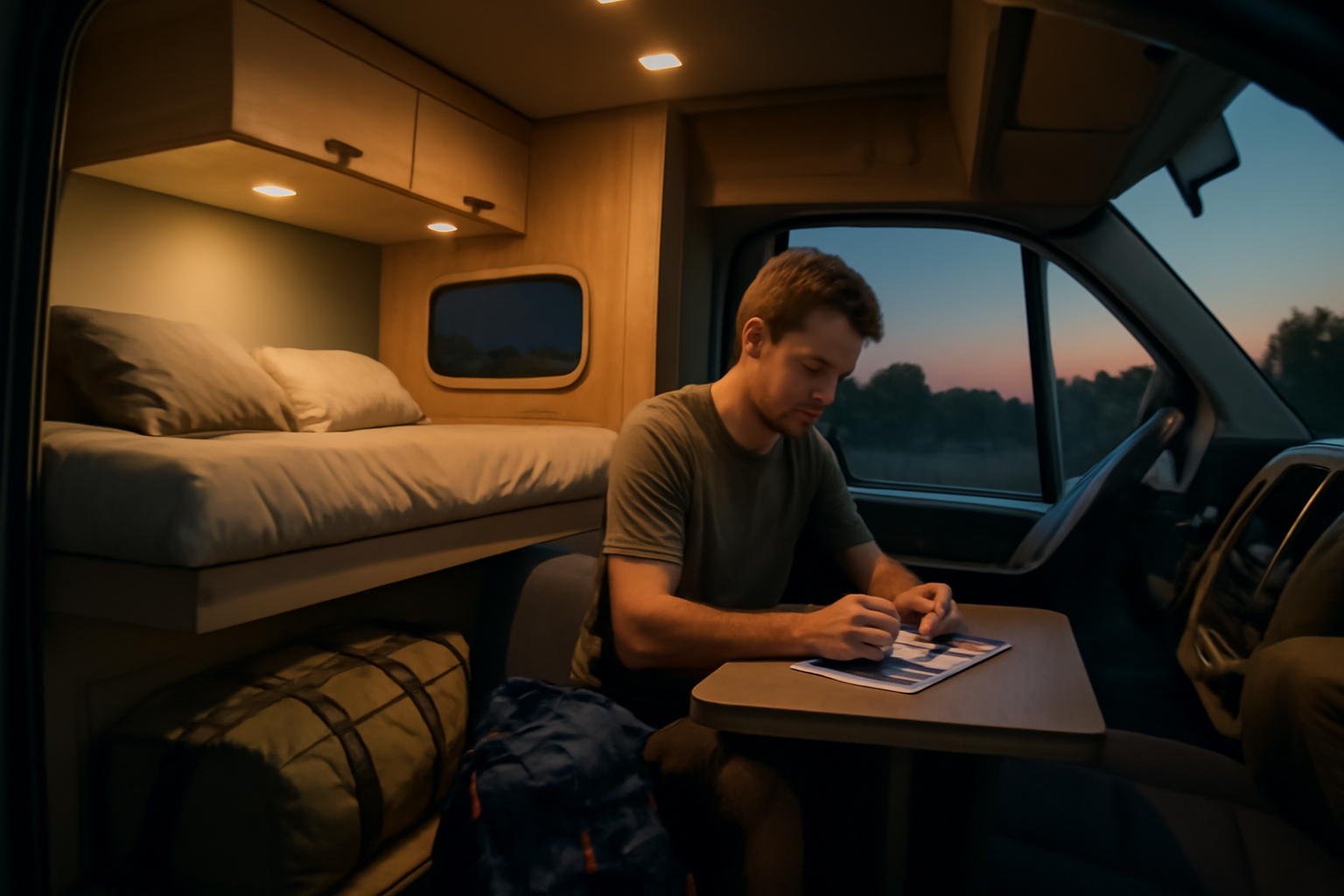 バンコンで出発前に準備を整える様子。荷物やチェックリストを見直す安心のワンシーンを描写