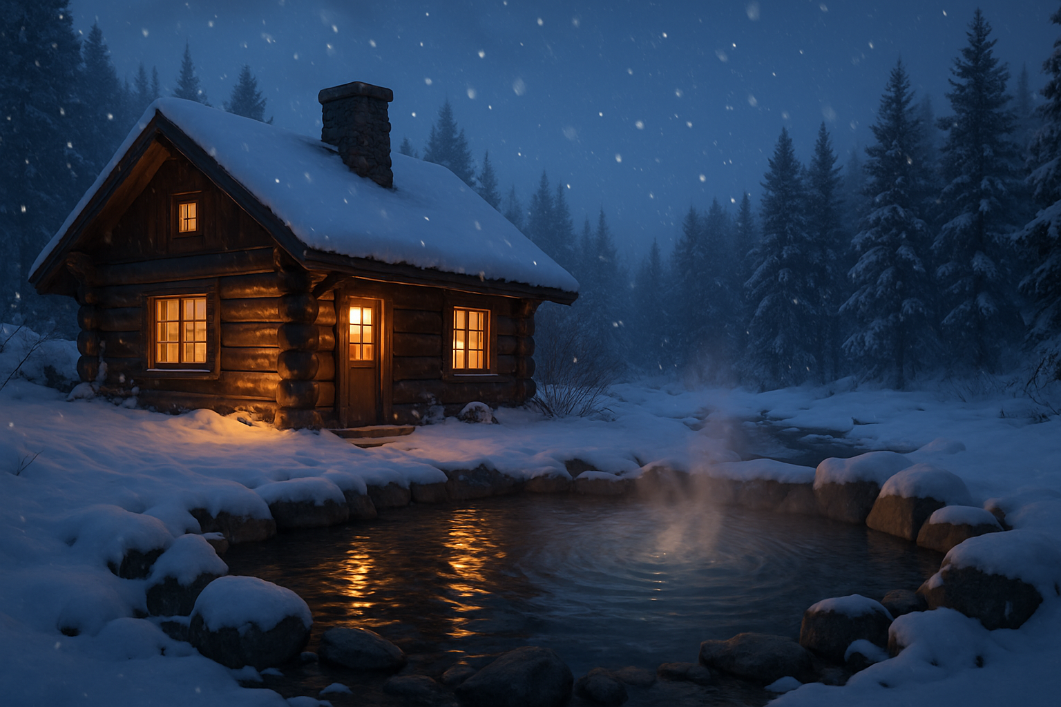 DOセールで冬の北海道へお得に飛ぶイメージ。夜の新千歳空港に舞う小雪と離着陸機、旅の高揚感を切り取る横長写真。