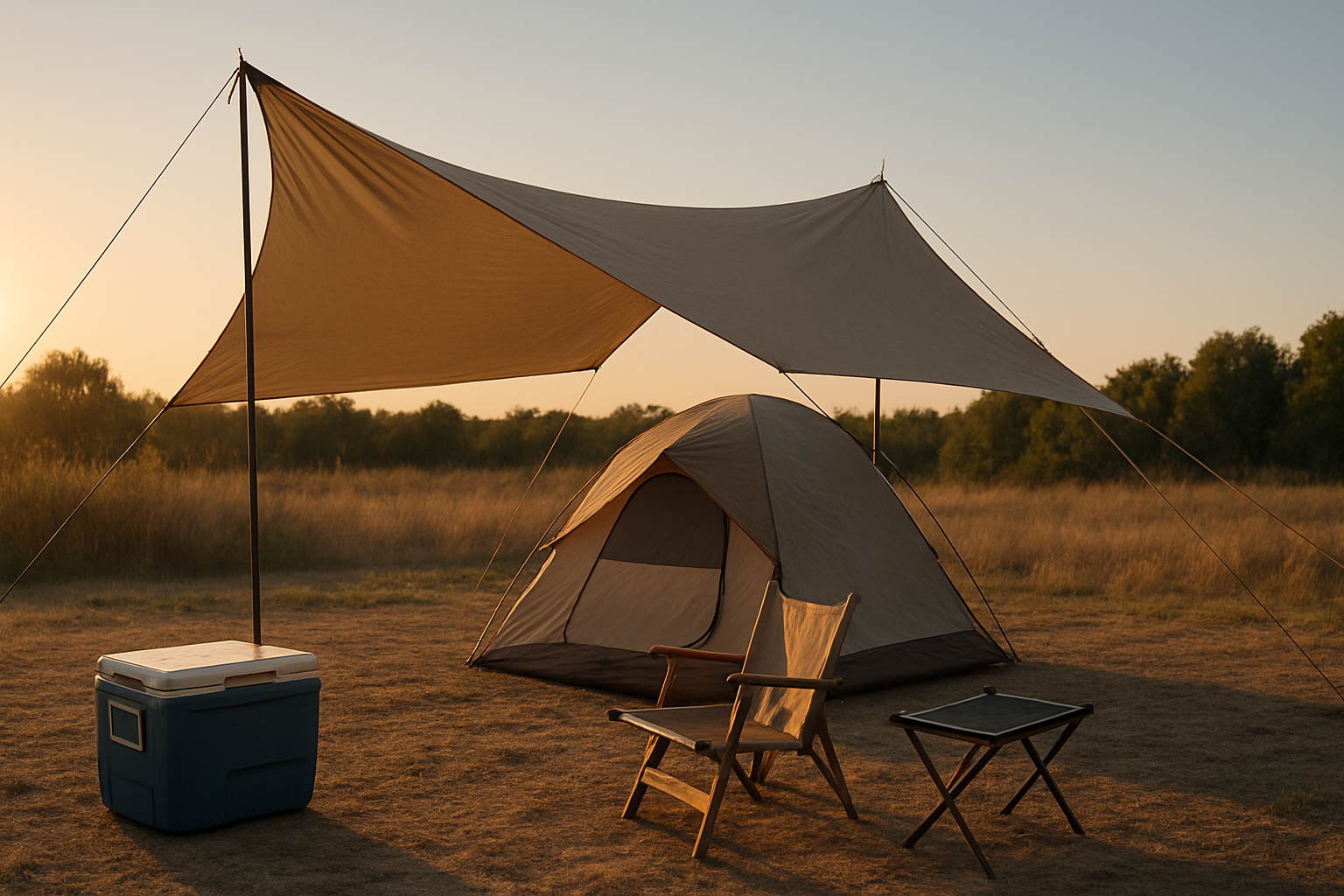 ソフトクーラー26Lの設置とプランBの切替えを示す夕刻のサイト。日陰設置と加熱中心メニューへの移行をイメージで表現。