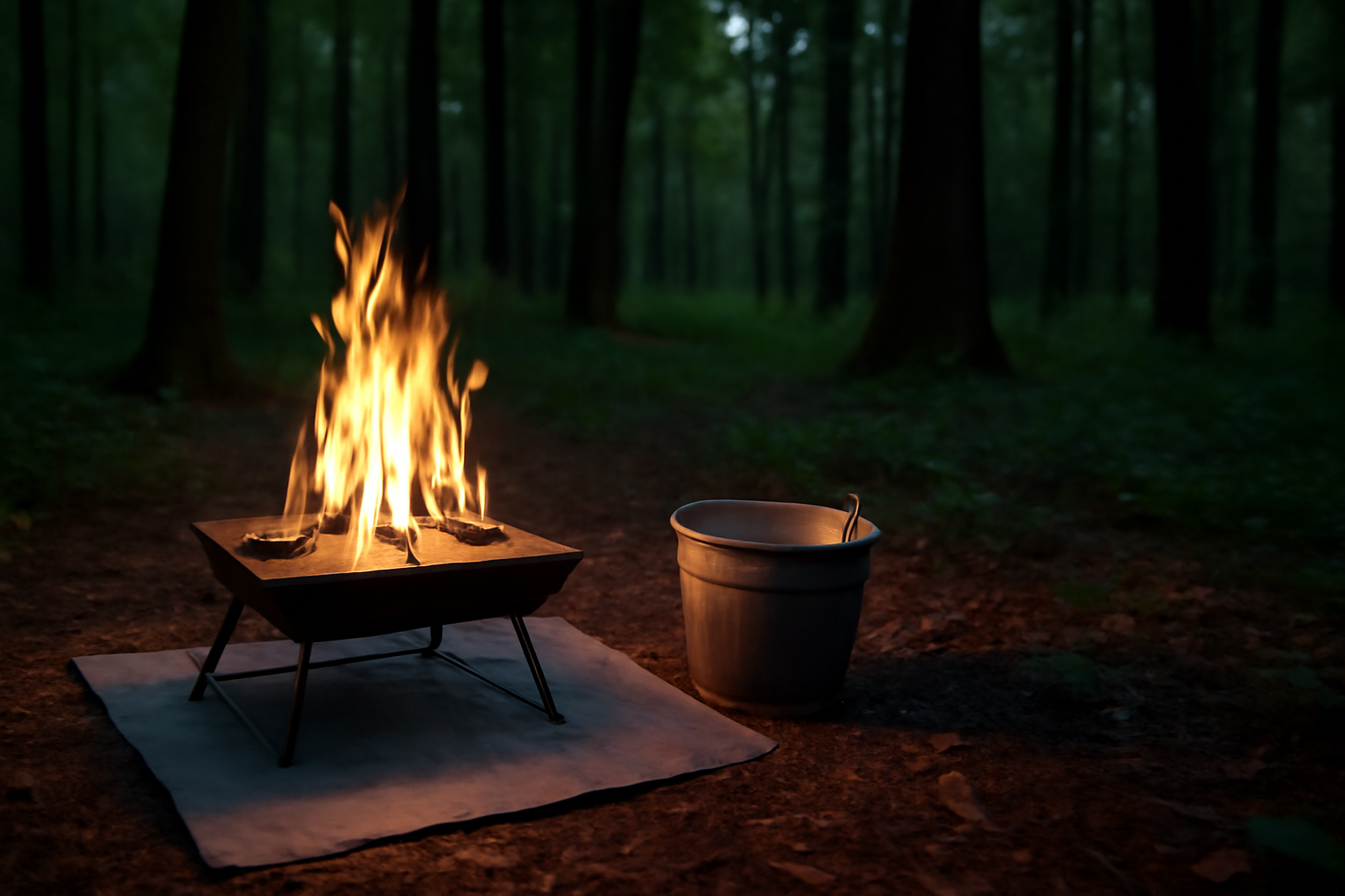 TokyoCamp台で安全に焚き火を行う配置例。耐熱シートと水バケツを手元に置き、森の夕暮れで静かに火を囲む安心感を伝える。