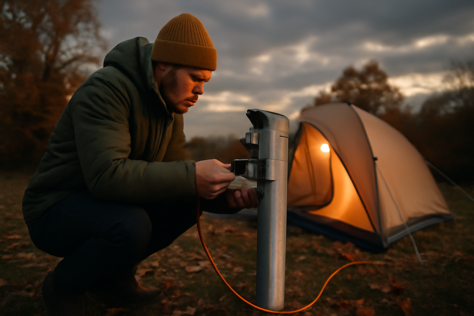 エレキャン16BF を使う前に電源と気象を点検し、代替プランを確認する秋の夕暮れキャンプシーンの一コマ