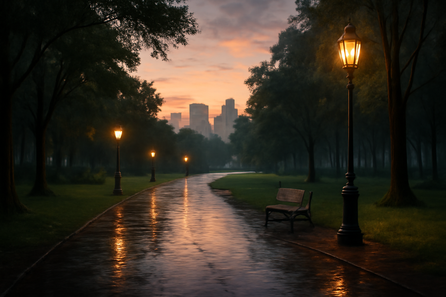 満員電車拍手の学びを受け、公園で気分転換する情景。雨上がりの遊歩道と柔らかな光で、静かな切替えの時間を示す横長イメージ。