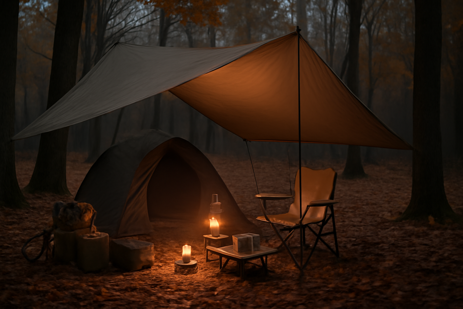 厳の道具講座 の学びを反映した雨天代替の様子。木陰のシェルター下で無理せず火気を使わない準備に切り替える安全な場面。