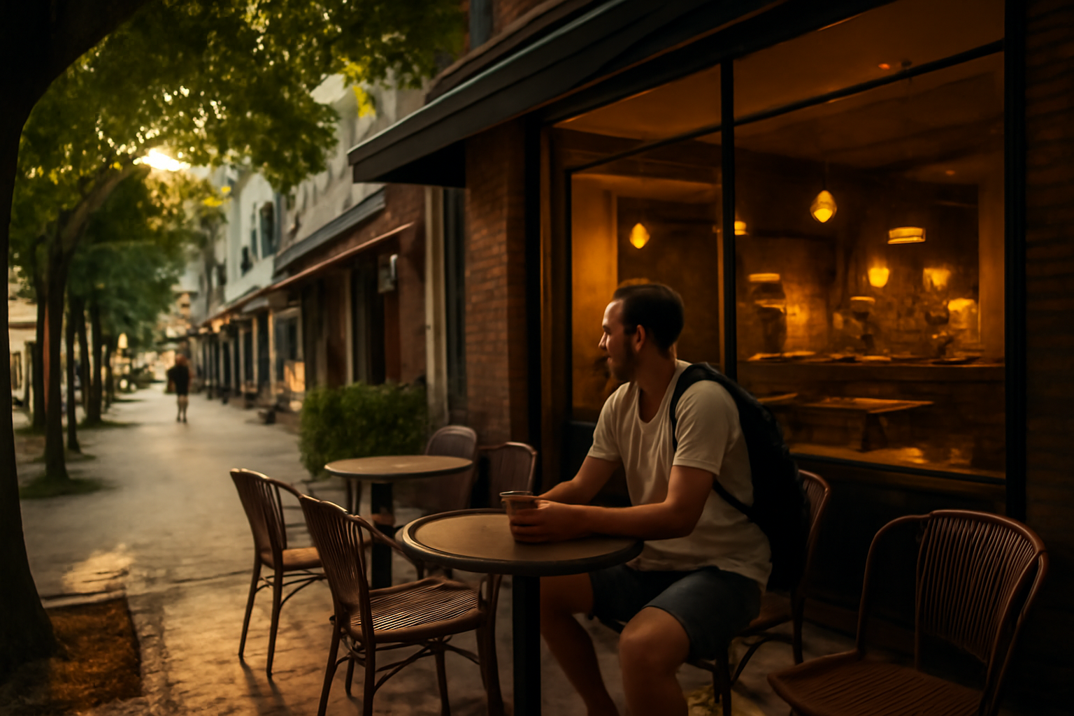 モトマチベイアウト 帰路や休憩時のイメージ。猛暑時は商店街のカフェで涼を取り、夕暮れのやわらかな光の中で一息つく。