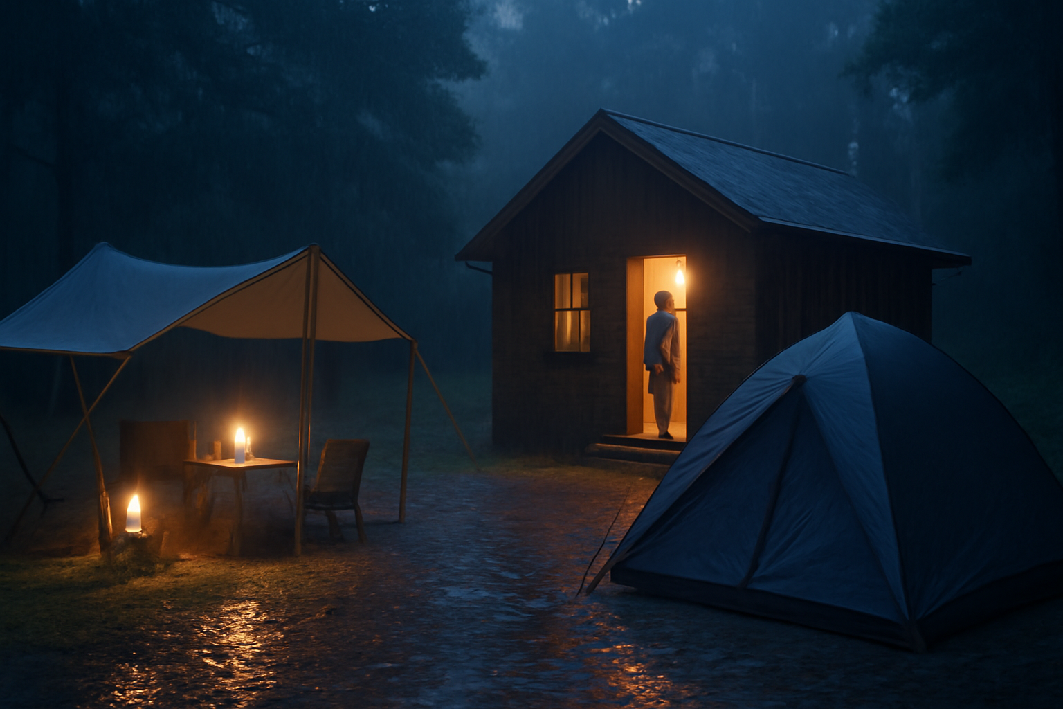 TokyoCampの返礼品は在庫や納期が変動。荒天時は屋内や別プランへ切替える選択肢を示す、雨の夕方に小屋へ避難する情景。