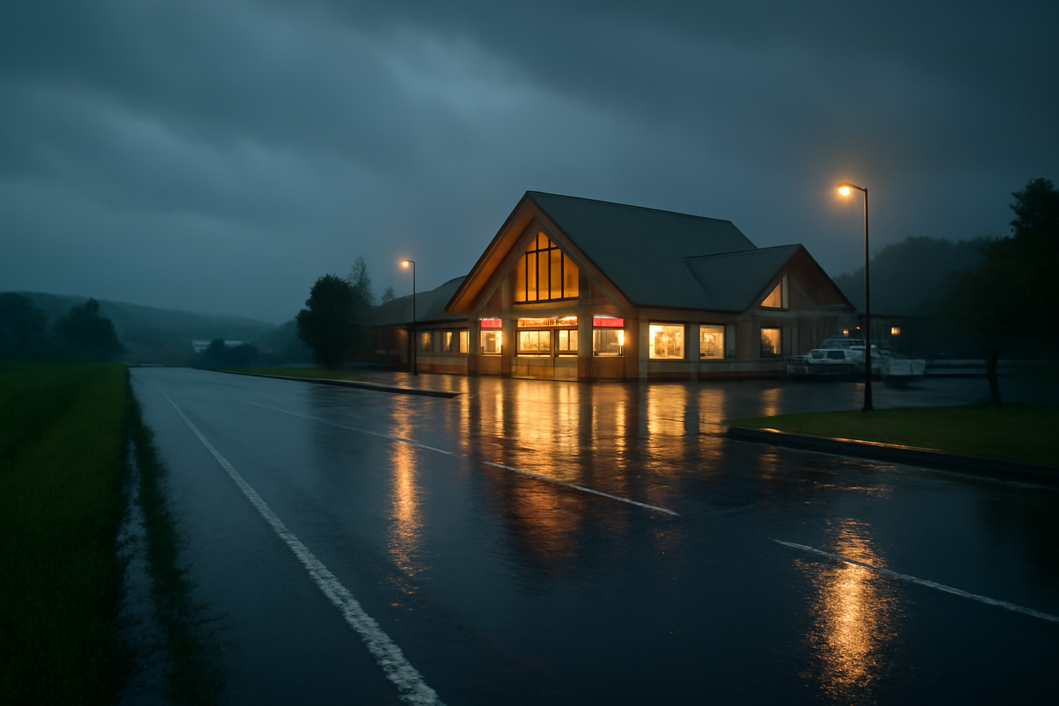 焚火会北海道 荒天時は走行を切り上げ、道の駅や温泉へ退避するイメージ。雨の夕景に灯る施設の明かりが安心感を伝える一枚。