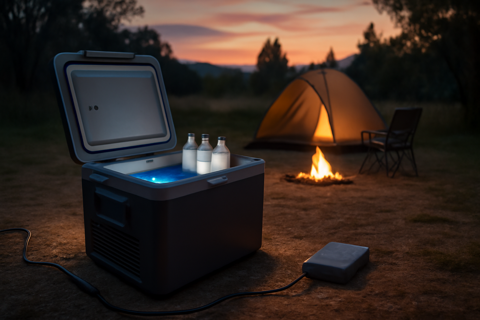 エレキャン 持ち運べる冷凍庫を dusk のキャンプ場で使う実例。電源コードや保冷剤併用の様子を示す写真