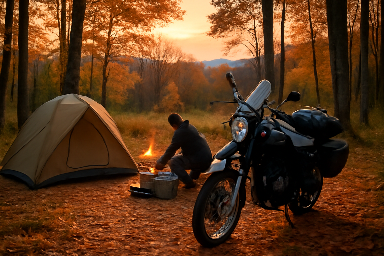 ソロキャンプ：安全を考えた撤退候補地のイメージ、夕暮れの林間サイトに停めたバイクと撤収準備風景
