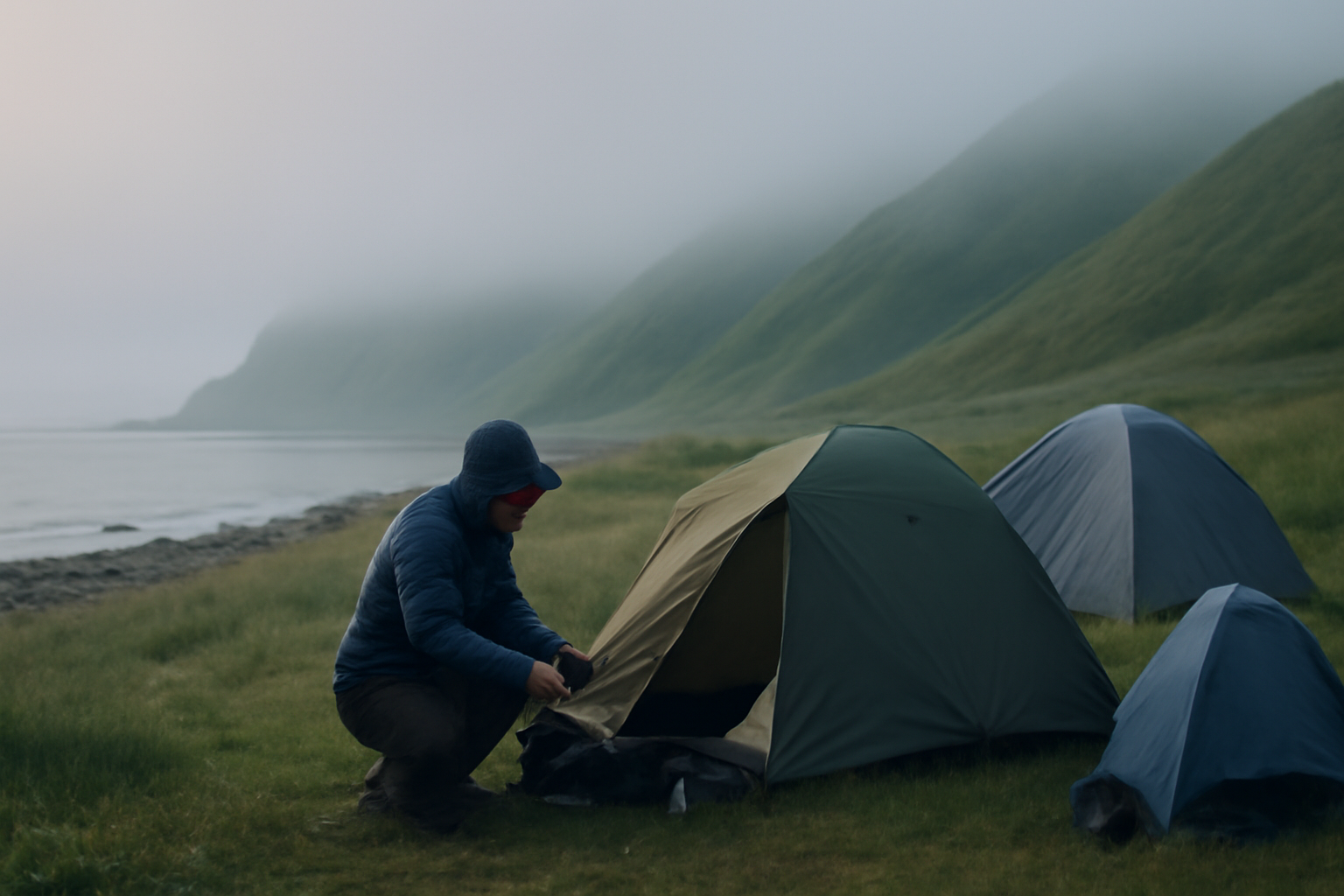礼文島 早朝のキャンプサイトで防寒着に包まれて準備する様子を示すイメージ