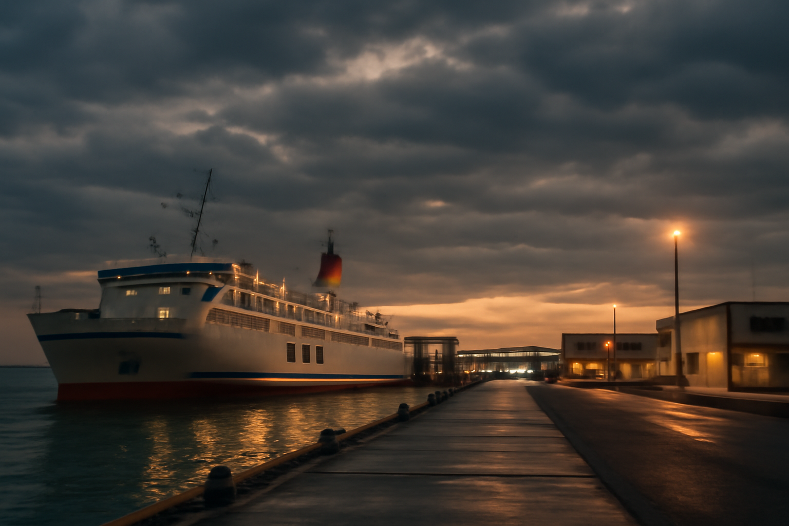 礼文島キャンプの予備案として稚内港で待機するイメージ。曇天の夕暮れ、フェリーと港の灯りが落ち着いた雰囲気を醸す構図。