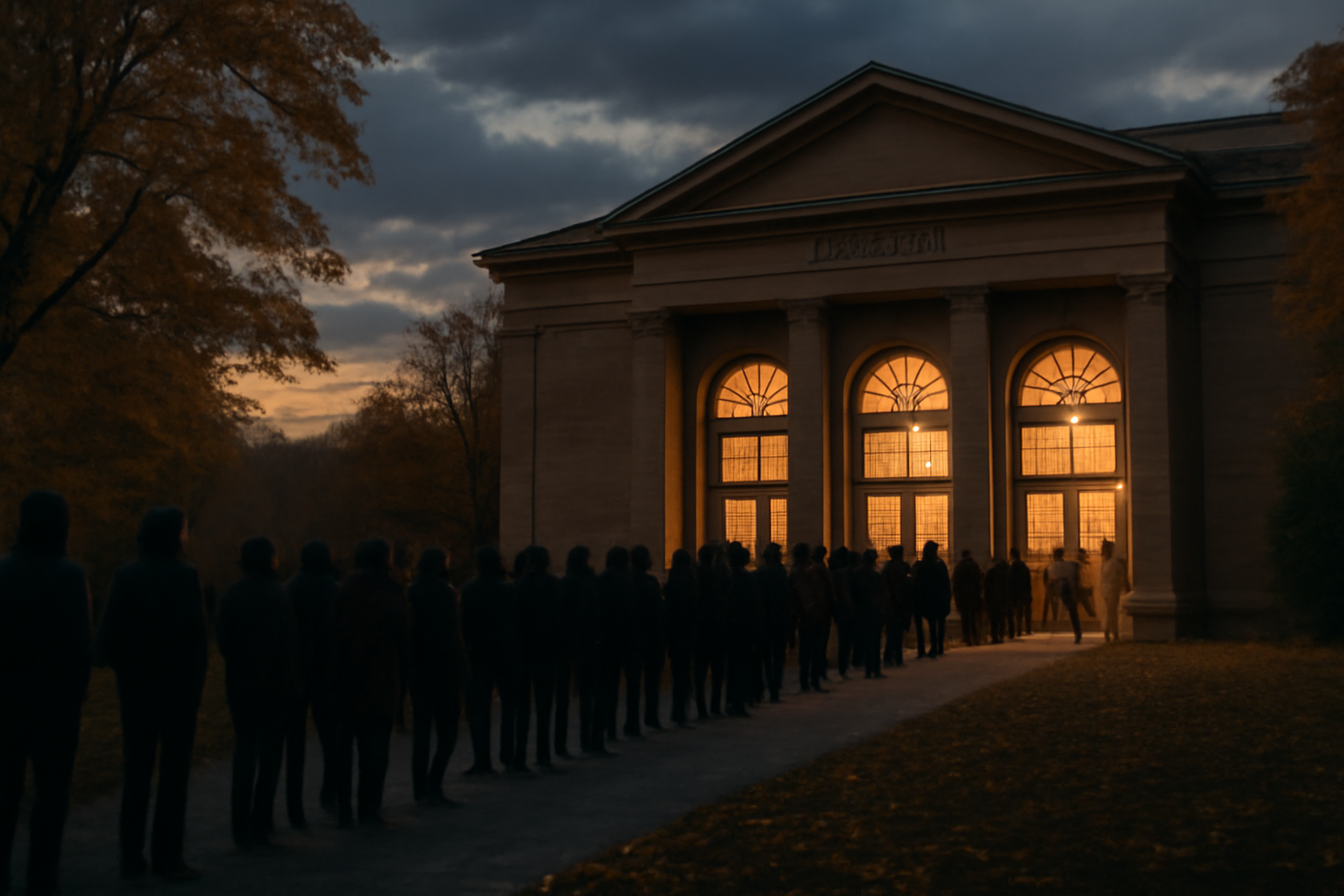 キャンプ 展示会チケット対策：夕暮れの会場入口で列を作る人影と静かな空、発売当日の混雑対策を視覚化した写真