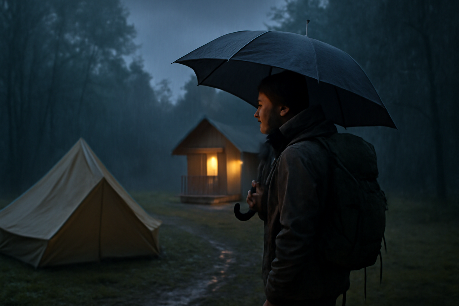 ソロキャンプ 雨天時にコテージへ切替える選択肢を視覚化した画像、夕暮れの雨模様で避難先を検討する情景