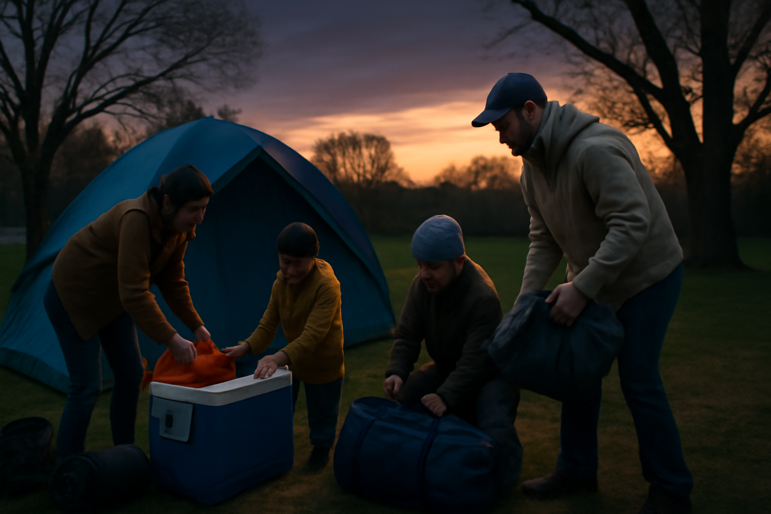 キャンプ 家族が暗くなる前にギアをまとめ、悪天候時のプランBへ切り替える様子を示した画像説明。