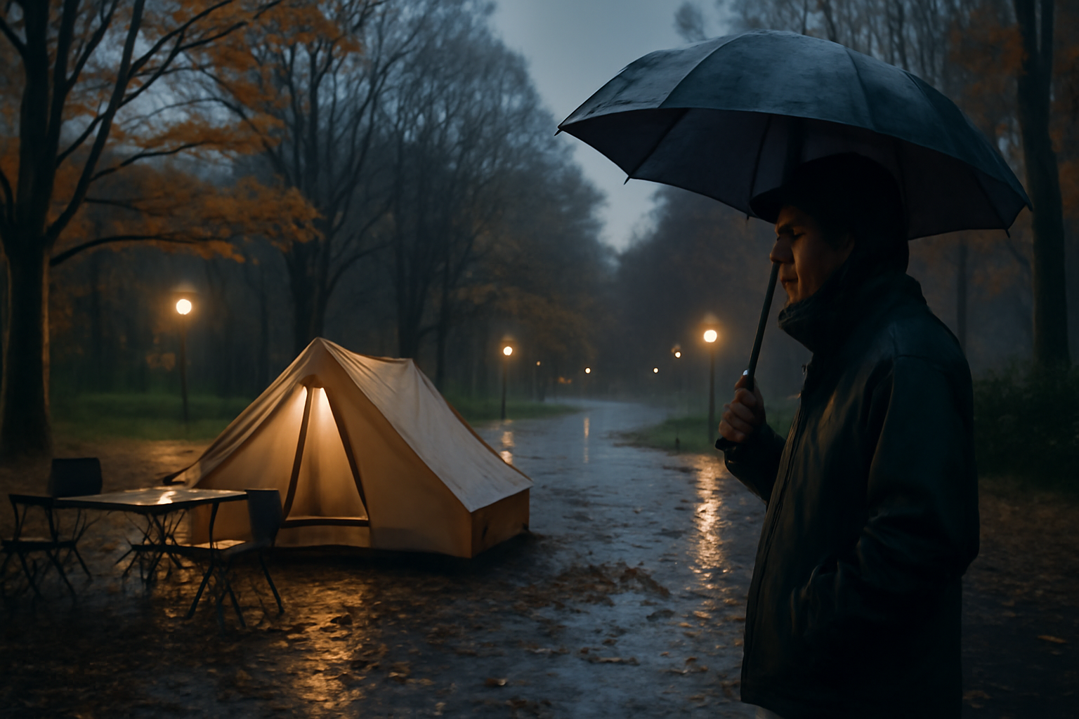 いがしら秋フェスの荒天時プランBを想定し、雨の公園で撤退や屋内切り替えを検討する様子を静かに描写。