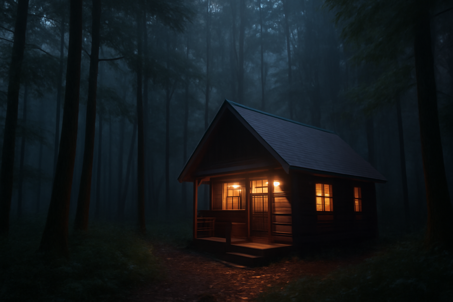 FOLKWOOD の荒天時は屋内へ切り替えた様子を表現。八ヶ岳の森に灯るコテージの明かりが安全な選択を示す横長イメージ。